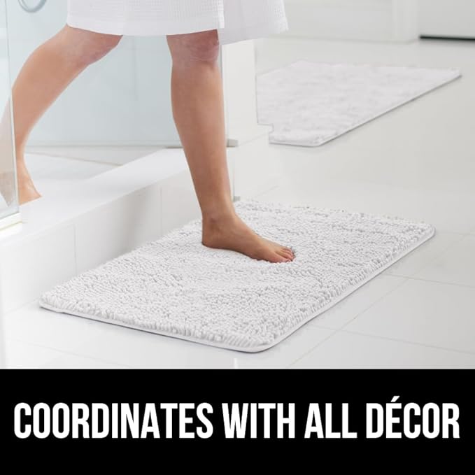 GORILLA GRIP Bath Rug Mat 60x17, Thick Soft Absorbent Chenille, Quick Dry Microfiber Mats, Rubber Backing Washable Shower Floor Rugs, Bathmat Runner, US Designed Bathroom Home Decor Accessories White