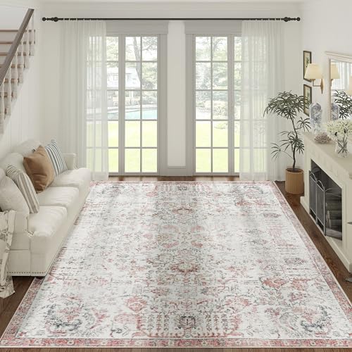 jinchan Kalen Area Rug 9x12 Washable Living Room Rug Vintage Indoor Large Floor Cover Retro Accent Mat Distressed Floral Country Boho Non Slip Thin Carpet for Bedroom Dining Room Office Red Multi