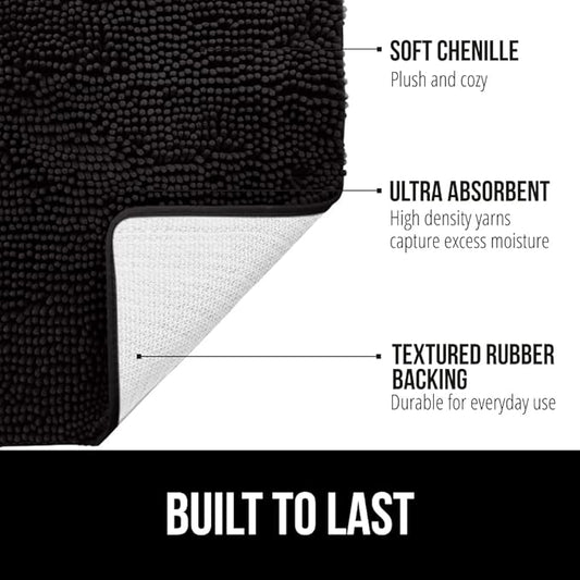GORILLA GRIP Bath Rug Mat 60x24, Thick Soft Absorbent Chenille, Quick Dry Microfiber Mats, Rubber Backing Washable Shower Floor Rugs, Bathmat Runner, US Designed Bathroom Home Decor Accessories Black