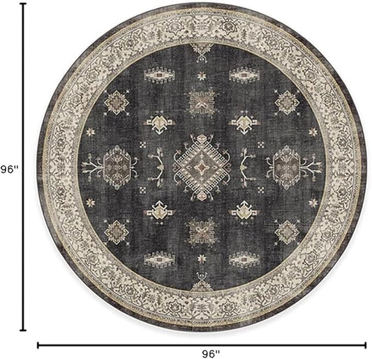 RUGGABLE Washable Vintage Area Rug – Verena Dark Wood 8 ft Round, Stain-Resistant, Non-Slip – Large Machine Washable Rugs for Living Room, Bedroom, Hallway, Entryway & Office–with Cushioned Pad