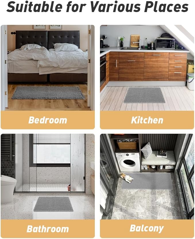 Upgraded Waffle Runner Rug Super Absorbent Non Slip Bath Mats for Bathroom Machine Washable Bathroom Runner Rug with Tassels, Ideal for Hallway Bedroom Laundry Room, Light Grey, 2' x 6'(24" x 72")