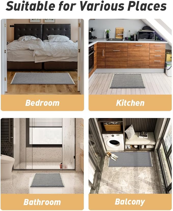 Upgraded Waffle Runner Rug Super Absorbent Non Slip Bath Mats for Bathroom Machine Washable Bathroom Runner Rug with Tassels, Ideal for Hallway Bedroom Laundry Room, 17" x 48", DarkGrey & Cream