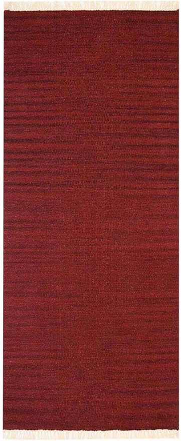 Rugsotic Carpets Hand Woven Flat Weave Kilim Wool ECO-Friendly Area Rugs - 2'6''x12', Runner Shape, Burgundy Color, Solid Plain Design, Low Pile Handmade Rugs for Living Room, Bed Room (D00111)