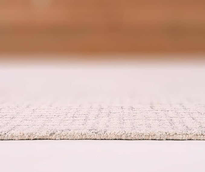 Hand-Tufted 100% Wool Pile Area Rug – Geometric Textured Grid Check Pattern – Thick and Durable Floor Carpet for Bedroom, Living Room, Kids Room, and Dining Area (Ivory Grey, 10' Round)