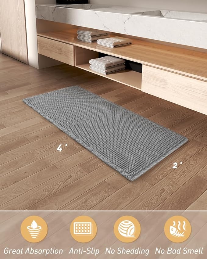 Upgraded Waffle Runner Rug Super Absorbent Non Slip Bath Mats for Bathroom Machine Washable Bathroom Runner Rug with Tassels, Ideal for Hallway Bedroom Laundry Room, Light Grey, 2'x 4'(24" x 48")