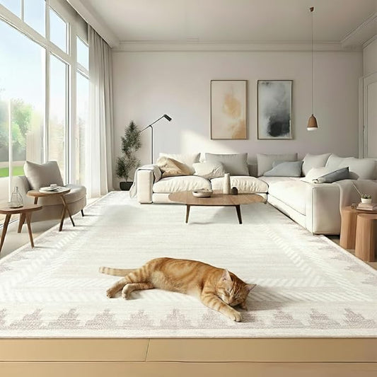 RUGSREAL Machine Washable 5×7 Low Pile Area Rug for Living Room Dining Room Modern Bordered Non Slip Soft Indoor Carpet Foldable Stain Resistant Non-Shedding Rugs for Bedrrom Office Decor, Beige