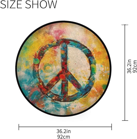 Boho-Style Peace Sign Round Rug Soft, Washable, Non-Slip for Home Decor. Ideal for Bedroom, Entryway, Living Room. Indoor/Outdoor Use.