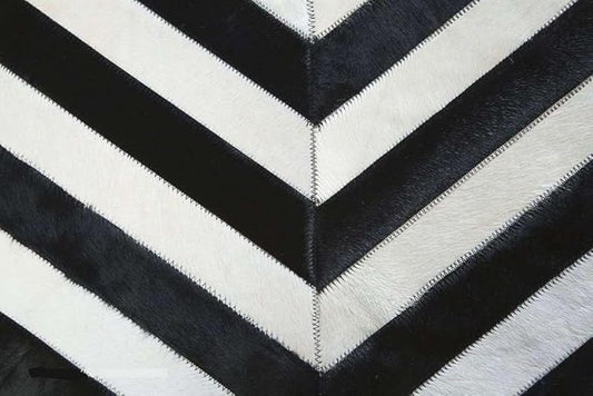 Round Cowhide Rug Black and White – Handmade Genuine Leather Chevron Patchwork Carpet – Modern Luxury Hide Area Rug for Living Room Bedroom Office Rustic Farmhouse Home Décor, (4×4ft)