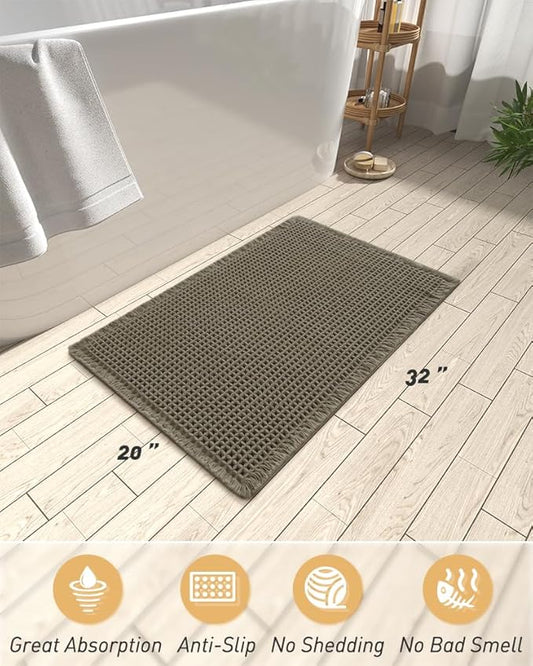 AMOAMI Upgraded Waffle Bath Mat, Super Absorbent Non Slip Bath Mats for Bathroom Floor, Machine Washable Bathroom Rugs with Tassels, Rubber Backed Bathroom Mats, Ultra Soft, 20" x 32", Green