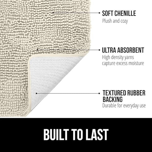 GORILLA GRIP Bath Rug Mat 48x24, Thick Absorbent Chenille, Quick Dry Microfiber Mats, Rubber Backing Washable Shower Floor Rugs, Bathmat Runner, US Designed Bathroom Home Decor Accessories Dusty Cloud