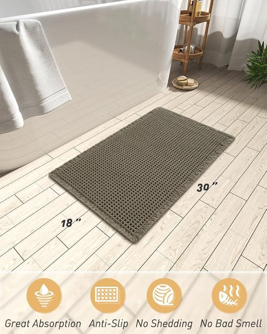 AMOAMI Upgraded Waffle Bath Mat, Super Absorbent Non Slip Bath Mats for Bathroom Floor, Machine Washable Bathroom Rugs with Tassels, Rubber Backed Bathroom Mats, Ultra Soft, 18" x 30", Green