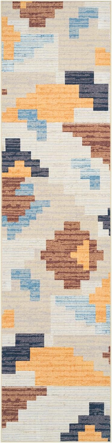 Phantoscope Washable Runner Rug 2'x8' Non-Slip, Modern Neutral Boho Hallway Rugs for Entryway, Stair, Bedroom, Abstract Geometric Blocks Pattern, Low-Pile Foldable Floor Carpet, Warm Terracotta/Cream