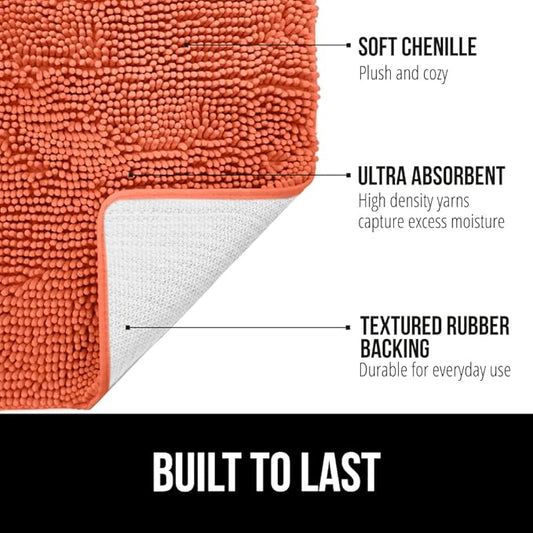 GORILLA GRIP Bath Rug Mat, Thick Soft Absorbent Chenille, Quick Dry Microfiber Mats, Rubber Backing Washable Shower Floor Rugs, US Designed Bathroom Bathmat Home Decor Accessories, 24x17, Coral