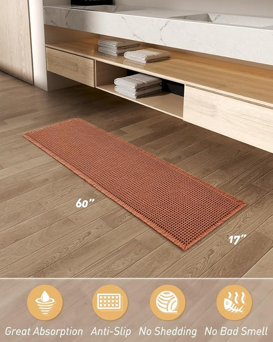 AMOAMI Upgraded Waffle Runner Rug Super Absorbent Non Slip Bath Mats for Bathroom Machine Washable Bathroom Runner Rug with Tassels, Ideal for Hallway Bedroom Laundry Room, Dirty Orange, 17" x 60"
