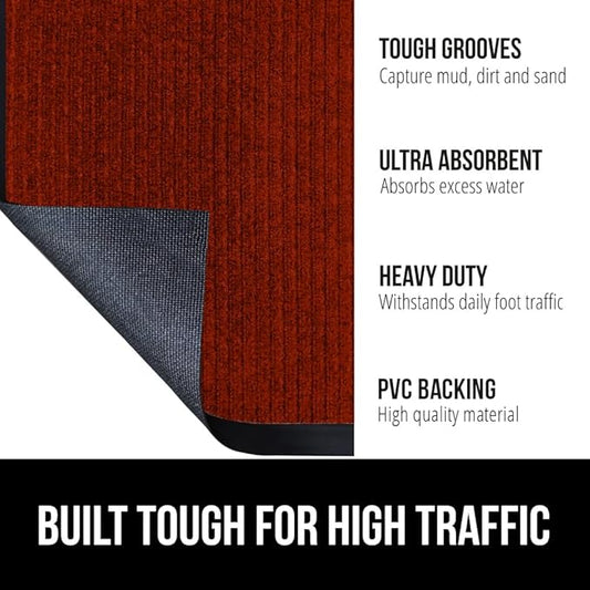 GORILLA GRIP Waterproof Traffic Guard Door Mat, 60x36, Heavy Duty Entryway Mats, Strong Rubber Back Commercial Utility Rugs for Office Hallway, Garage Floor and Home, Low Profile Carpet Runner, Red