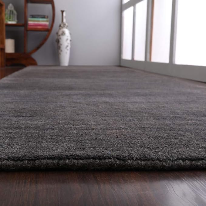 Hand Knotted Loom Wool ECO-Friendly Area Rugs - 2'6''x12', Runner, Charcoal Color, Solid Plain Design, High Pile Handmade Anti Skid Area Rugs for Living Room, Bed Room (L00111)