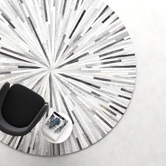 Faux Cowhide Round Area Rug | Non-Slip Leather Floor Carpet for Living Room, Bedroom, and Home Décor | Modern Stylish Accent Rug(Grey_8x8)