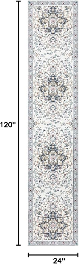 Phantoscope Washable Runner Rug 2'x10' Non-Slip, Vintage Boho Hallway Rugs for Entryway, Stair, Bedroom, Persian Floral Medallion Pattern, Low-Pile Foldable Floor Carpet, Ivory Blue/Garden Bloom