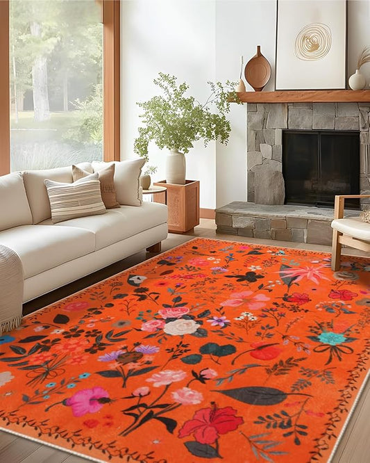 Boho Washable Area Rug 5x7 – Floral Low Pile Non-Slip Carpet for Living Room, Bedroom, Office, Playroom, Entryway, Kitchen, Dining Room (Orange)