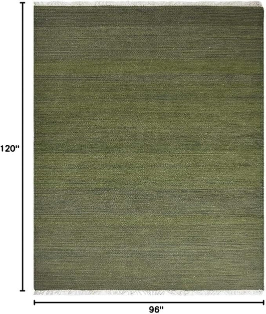 Rugsotic Carpets Hand Woven Flat Weave Kilim Wool ECO-Friendly Area Rugs - 8'x10', Rectangle Shape, Olive Color, Solid Plain Design, Low Pile Handmade Area Rugs for Living Room, Bed Room (D00111)