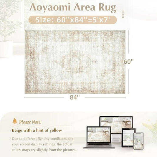 Vintage Living Room Area Rug - 5x7 Large Machine Washable Boho Moroccan Distressed Farmhouse Rugs for Bedroom - Soft Non-Slip Indoor Floor Accent Rugs for Office Dining Room (Beige, 5' x 7')