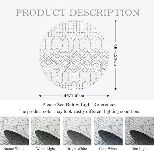 Lahome Moroccan Round Rugs 4Ft Washable Non-Slip Small Round Area Rug for Bedroom Soft White Low-Pile Round Throw Rug, Modern Geometric Print Indoor Circle Rugs for Kitchen Living Room Sofa Nursery