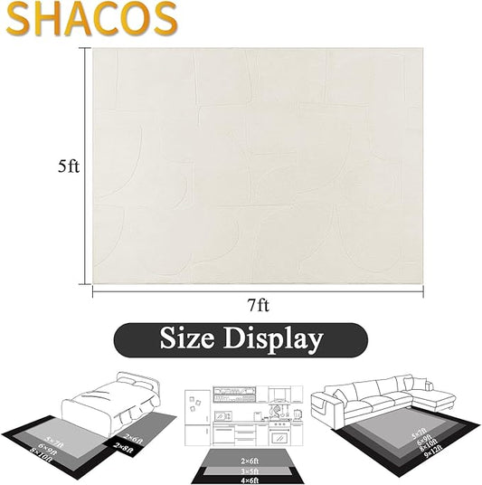 SHACOS Soft Cozy Fluffy Abstract Geometric High Low Pile Area Rugs 5'x7' Non Slip Washable Scandinavian Minimalist Rug Modern Carpet for Living Room Bedroom Dining Room, Cream