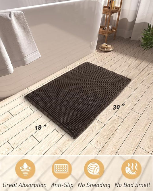 AMOAMI Upgraded Waffle Bath Mat, Super Absorbent Non Slip Bath Mats for Bathroom Floor, Machine Washable Bathroom Rugs with Tassels, Rubber Backed Bathroom Mats, Ultra Soft, 18" x 30", Chocolate
