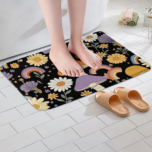 Erosebridal Trippy Mushroom Bathroom Rugs Groovy Floral Bath Mat Cute Rainbow Non Slip Bath Rugs Two Groovy Party Boho Hippie Mushroom Fluffy Plush Rugs 20x32 Retro Party Decorations Shower Carpet