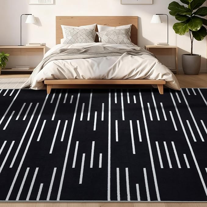 YIHOUSE Abstract Washable Rug 5x7,Ultra Thin Non Slip Black Rugs for Living Room,Modern Minimalist White Stripe Rugs for Bedroom,Dining Room Office Playroom (5'x7',Black-3)