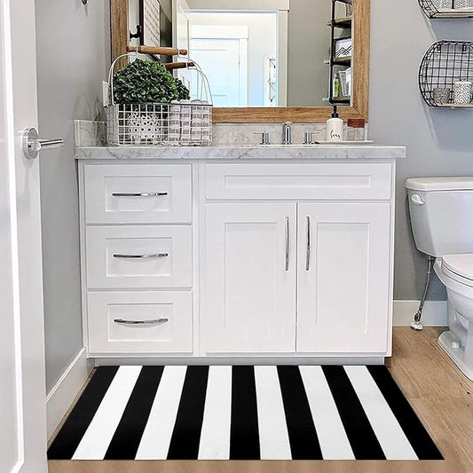 KOZYFLY Black and White Striped Runner Rug 2x4.3 Ft Washable Hallway Runner Rug Farmhouse Kitchen Hand Woven Cotton Indoor Outdoor Rug for Front Door Kitchen Hallway Bedroom Laundry Room