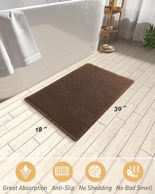 AMOAMI Upgraded Waffle Bath Mat, Super Absorbent Non Slip Bath Mats for Bathroom Floor, Machine Washable Bathroom Rugs with Tassels, Rubber Backed Bathroom Mats, Ultra Soft, 18" x 30",Terracotta