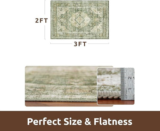 AMOAMI-2X3 Small Rug-Washable Rugs Entryway Mat Indoor-Soft Vintage Non Slip Rugs for Kitchen Laundry Room Bathroom Green Decorative Accent Rug for in Front of Sink 24 Inch x36 Inch