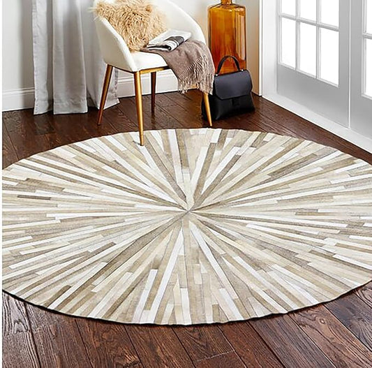 Faux Cowhide Round Area Rug | Non-Slip Leather Floor Carpet for Living Room, Bedroom, and Home Décor | Modern Stylish Accent Rug(Beige_5x5)