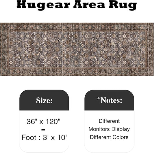HUGEAR 3x10 Runner Rug Machine Washable Tradition Brown Hallway Area Rug Indoor Accent Rug Floral Low Pile Carpet Soft Throw Rug Bedroom Living Room Office Dining Room Kitchen Laundry Room Non Slip