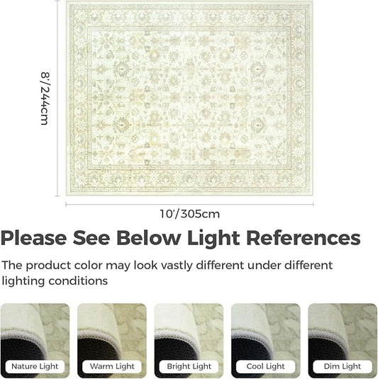 LIVEBOX Washable Area Rug 8x10 - Large Beige Boho Living Room Rug Vintage Rugs for Bedroom, Non-Slip Retro Floral Carpet Print Distressed Accent Rugs for Dining Room Home Office