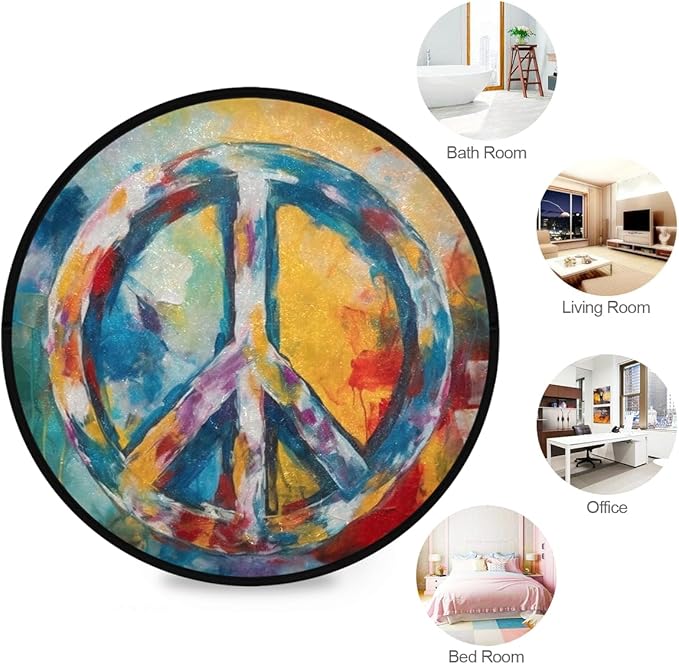 Non-Slip Round Rug, Washable Indoor/Outdoor Carpet with Boho-Style Peace Sign Painting Perfect for Bedroom, Living Room, Entryway and Dining Room Under Table.
