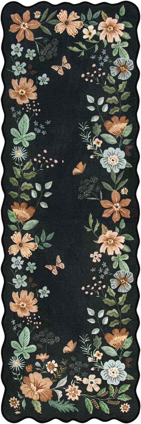Lahome Floral Kitchen Runner, 2X6 Washable Runner Rug Non Slip Ultra-Thin, Soft Hallway Rug Stain Resistant Boho Small Low-Pile Carpet for Laundry Bathroom Bedroom(2x6ft,Black/Grey)