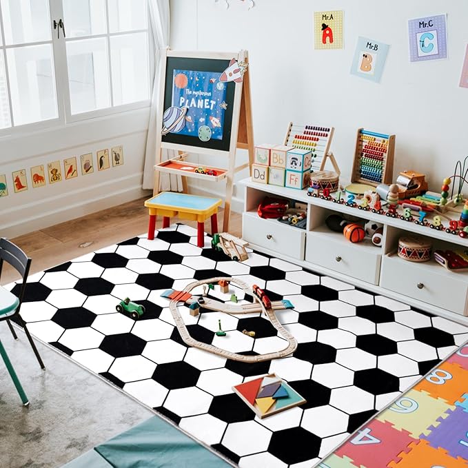 Soft Soccer Rugs for Bedroom, Machine Washable, Cute Bedside Boys Area Rug for Kids Toddlers Teens, Soccer Lovers Home Decor Indoor Carpet for Living Room, Dorms, Nursery, 7x9 FT