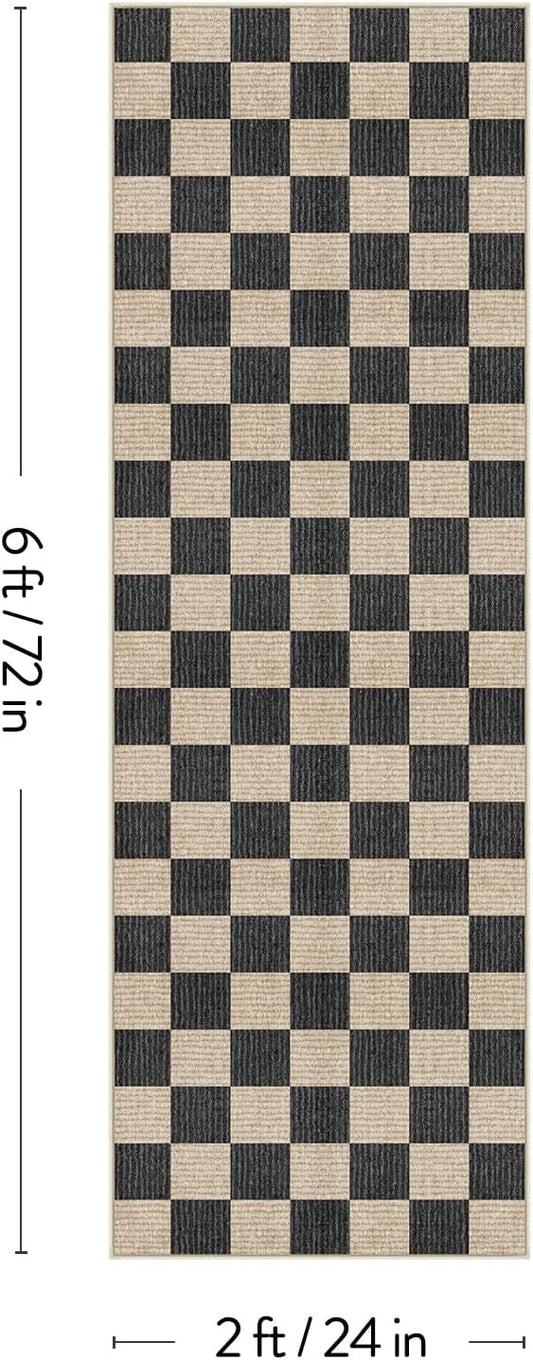 LIVEBOX Washable Runner Rug Checkered, 2x6 Black Runner Rugs for Hallway, Non-Slip Kitchen Runners, Farmhouse Neutral Classic Geometric for Hallways, Entryway, Bedroom, Bathroom(Black 2'x6')