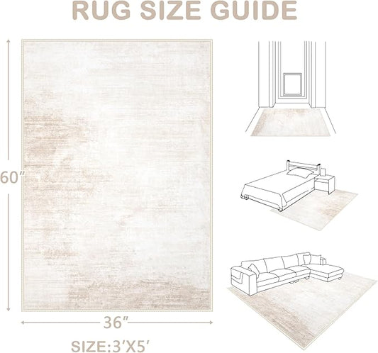 Area Rug 3x5 Washable Rug: Living Room Modern Abstract Rug Soft Non Slip Neutral Rugs Stain Resistant Small Rug Indoor Door Mat for Bedroom Kitchen Nursery Hallway Entryway Office(Beige,3'x5')