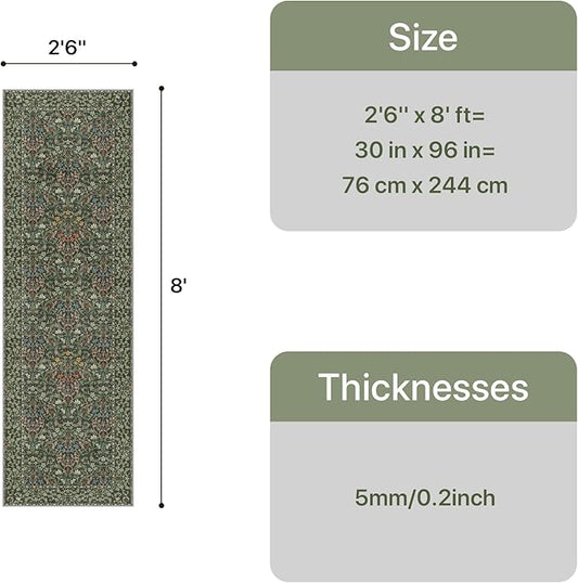 Bavni Floral Hallway Runner Rug 2'6" x 8', Washable Non Skid Boho Carpet for Entryway Kitchen Laundry Room, Soft Ultra Thin Botanical Long Runner for Indoor Floor Decor, Emerald Green