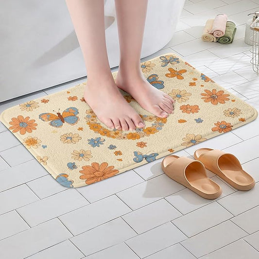 Erosebridal Groovy Party Decorations Bathroom Rugs for Girls Women Peace Sign Decor Bath Mat Hippie Butterfly Non Slip Bath Rugs Cute Kawaii Florals Fluffy Plush Rugs 20x32 Honey Bee Gifts for Kids