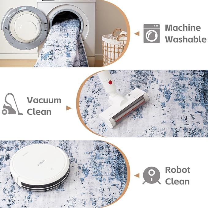 Area Rug 5x7 Washable Rug Blue for Living Room, Dining Room, Bedroom, Large Carpets, Non Slip & Non-Shedding Low Pile Vintage Print Rug for Home Office Decor