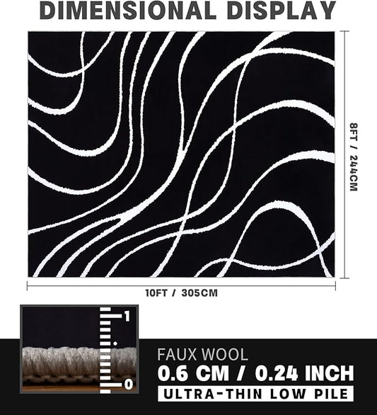 YIHOUSE Black Modern Area Rugs 8x10,Large Black and White Washable Rug for Living Room,Thin Abstract Geometric Rug,Minimalist Striped Rugs 8x10 for Bedroom,Office