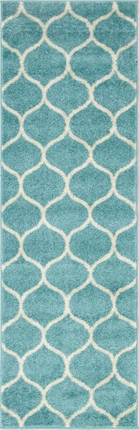 Rugs.com Lattice Frieze Collection Rug – 2' x 6' Runner Light Blue Medium Rug Perfect for Living Rooms, Large Dining Rooms, Open Floorplans