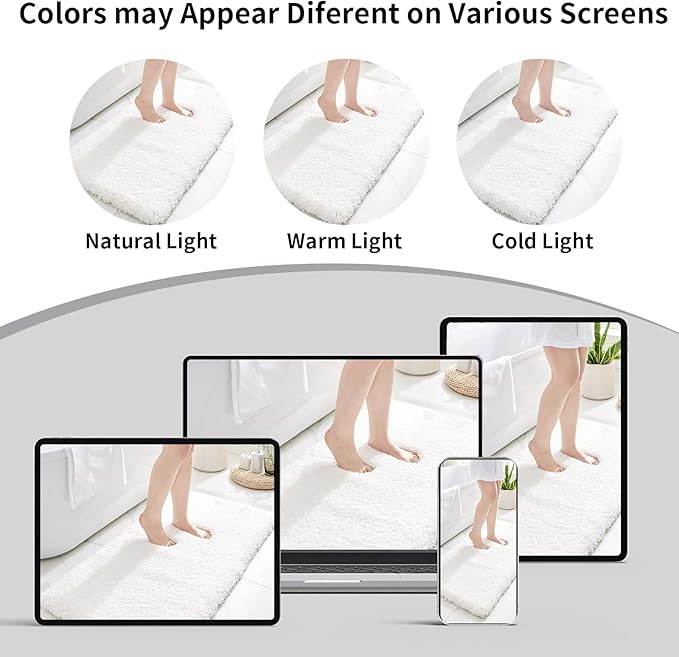 Small Bathroom Rugs 17x24 Non Slip White Fluffy Bath Mat for Bathroom Floor Machine Washable Plush Luxury Bath Rug for Tub Soft Shaggy Absorbent Shower Mat