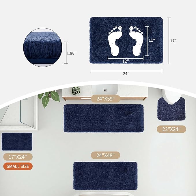 Navy Bathroom Rug 20x32 Non Slip Fluffy Bath Mat for Bathroom Floor Washable Plush Luxury Bath Rug for Tub Soft Shaggy Absorbent Shower Sink Mat