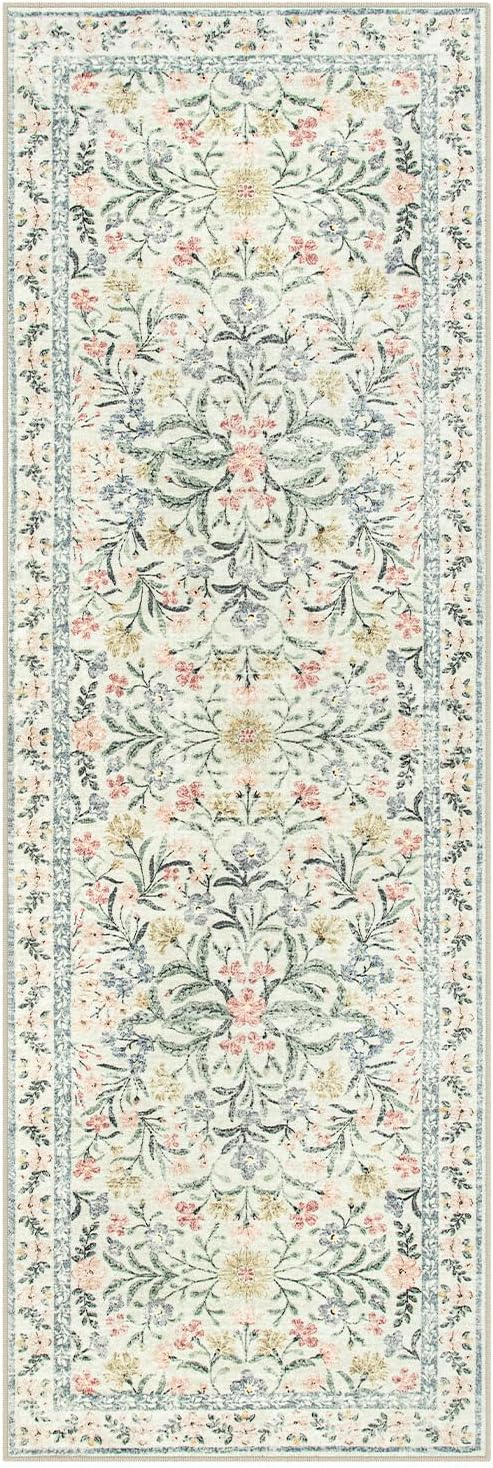 Lahome Washable Runner Rug 2x6, Boho Kitchen Runner Rugs 24 x 72 Non Slip,Vintage Indoor Throw Carpet for Bedside Hallway Entry Bedroom Laundry, Beige/Multi
