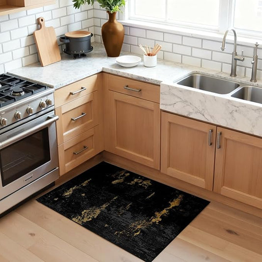 Washable Area Rugs 2'x3' Non-Slip Modern Abstract Soft for Living Room Entryway Bedroom Nursery, Print Pattern, Dark Black Gold